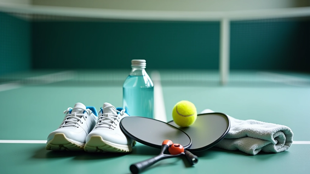 Beginner-friendly pickleball paddle set with grip tape and athletic shoes on court surface ready for play