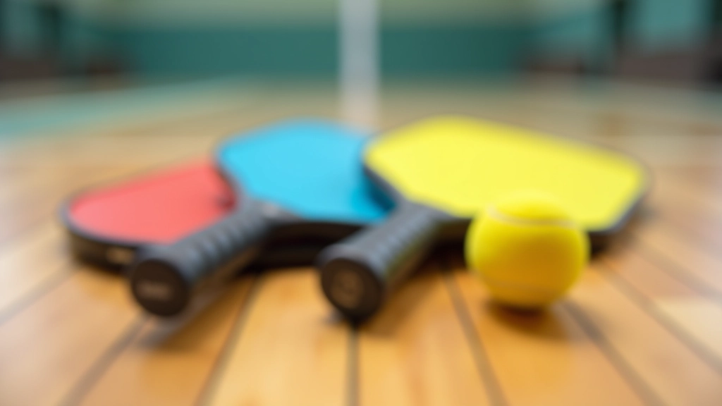 Close-up of colorful pickleball paddles and pickle balls arranged on indoor court surface