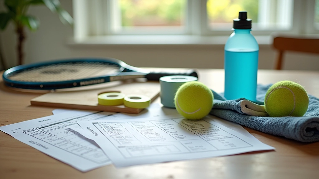 Organized tennis equipment laid out including two rackets, fresh grip tape, water bottle, towel, and tournament registration papers on a table