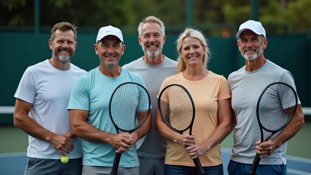 Mixed group of mature athletes in tennis attire standing together holding rackets after evening practice, indoor court setting with warm lighting