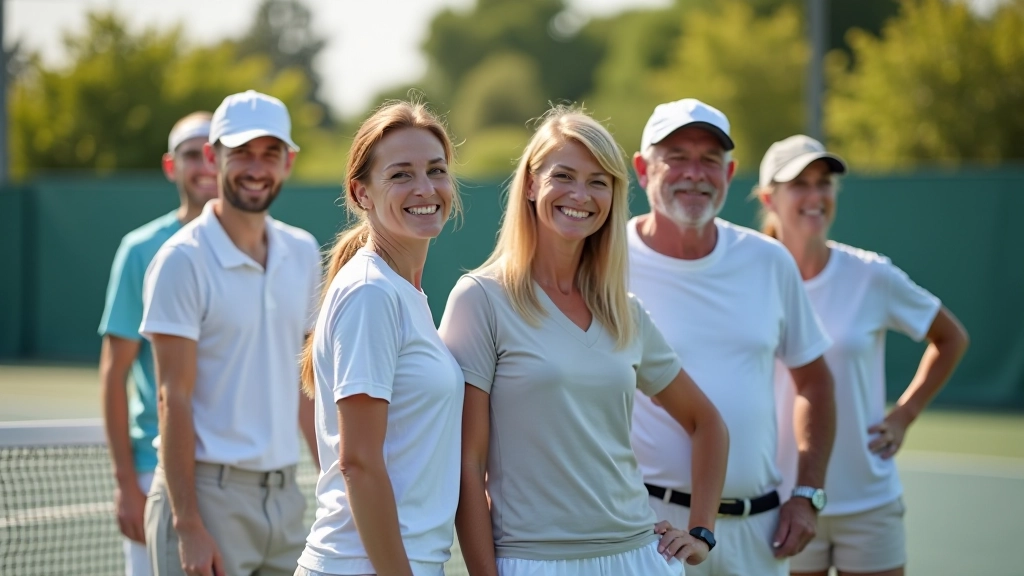Group of mixed-age racket sports players socializing at outdoor tennis court after practice session