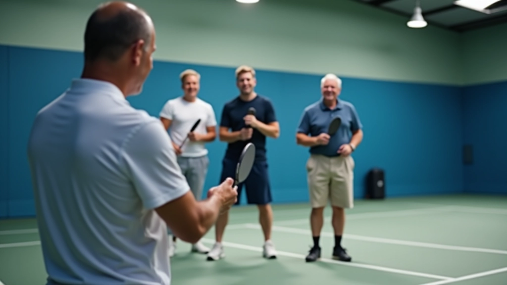 Group of beginner players in a pickleball lesson, standing on court in ready positions, instructor demonstrating technique