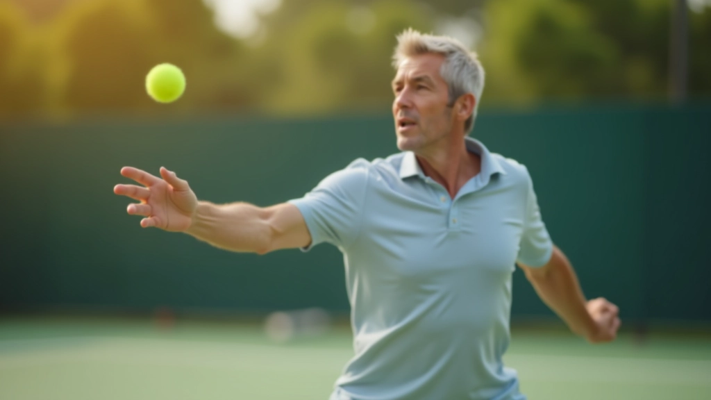Tennis player in mid-serve motion on professional court showing proper technique and body positioning during competitive match