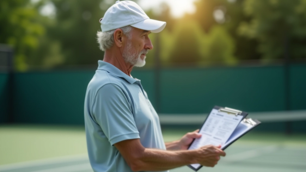 Tennis player checking tournament bracket on clipboard before doubles match, focused expression