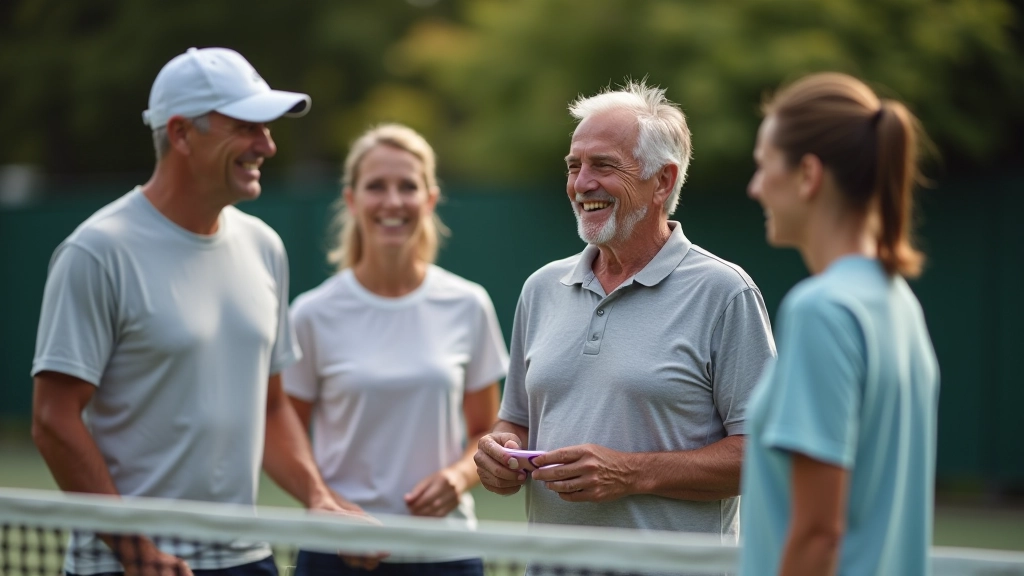 Group of mature players in casual athletic wear laughing together near tennis net after friendly match