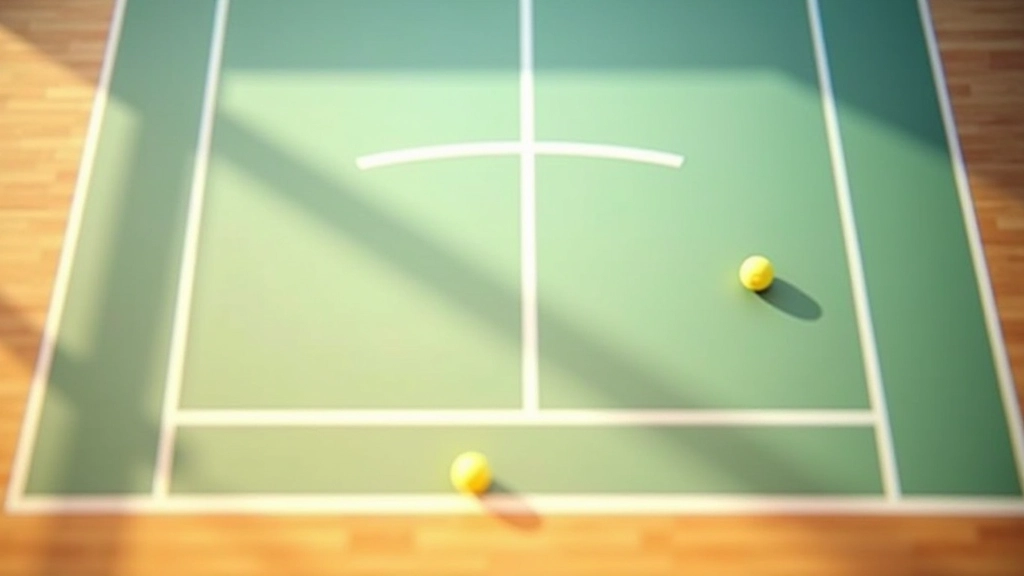 Overhead view of pickleball court with clear white lines showing kitchen zone, service boxes, and court dimensions
