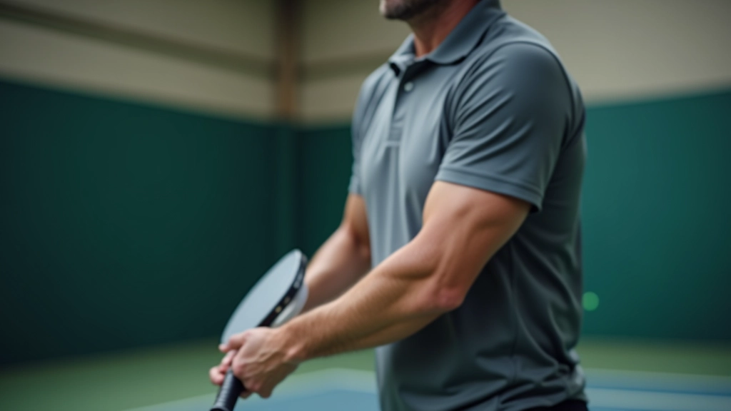 Pickleball instructor aged 45 demonstrating proper grip and stance to beginner student on outdoor court