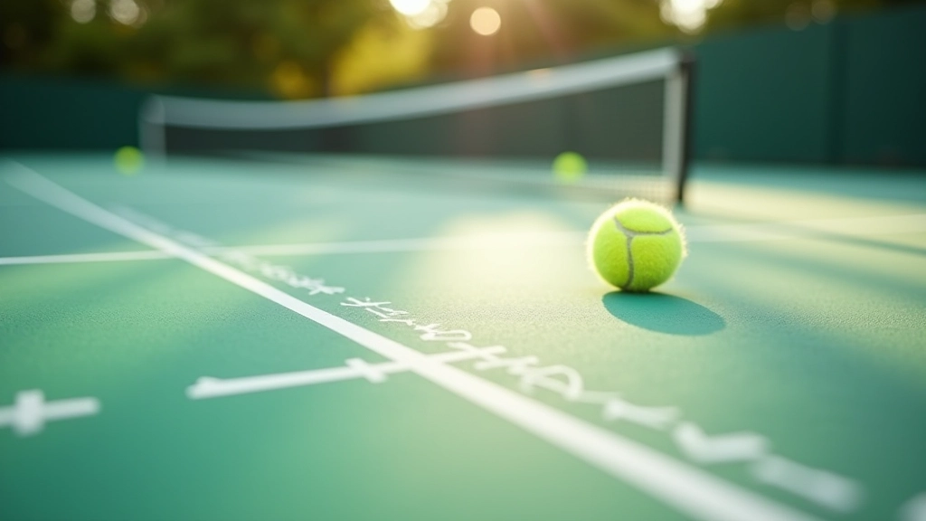 Close-up of tennis court lines and experienced player positioning themselves strategically at the net baseline area