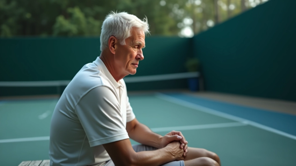 Player sitting courtside taking a moment before match, focused breathing and mental preparation