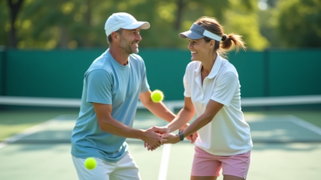 Two tennis players aged 45-55 in doubles formation during competitive match on outdoor court