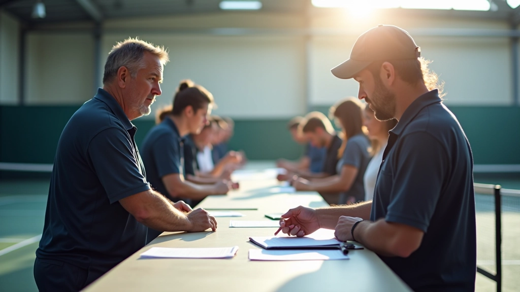Tournament registration desk with sign-in sheets, tournament officials checking in players at morning event