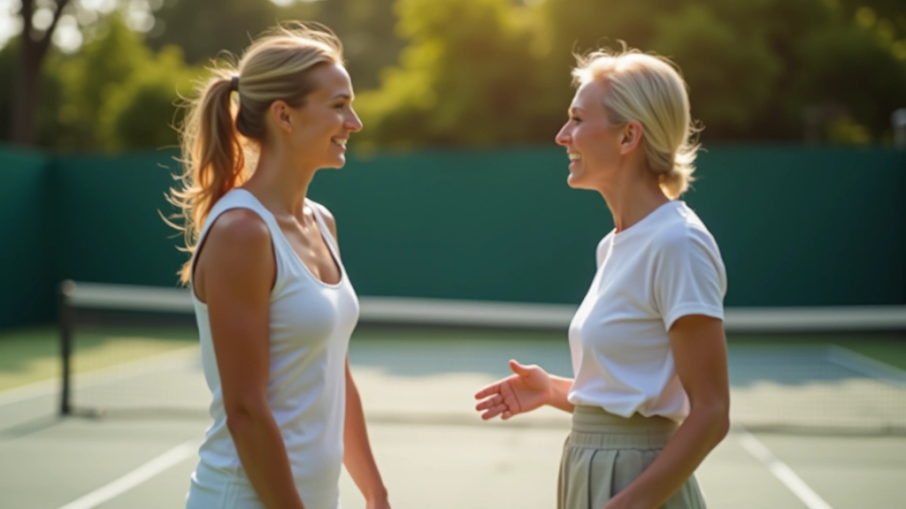Two mature doubles players at net talking strategy between points, demonstrating communication and partnership during match