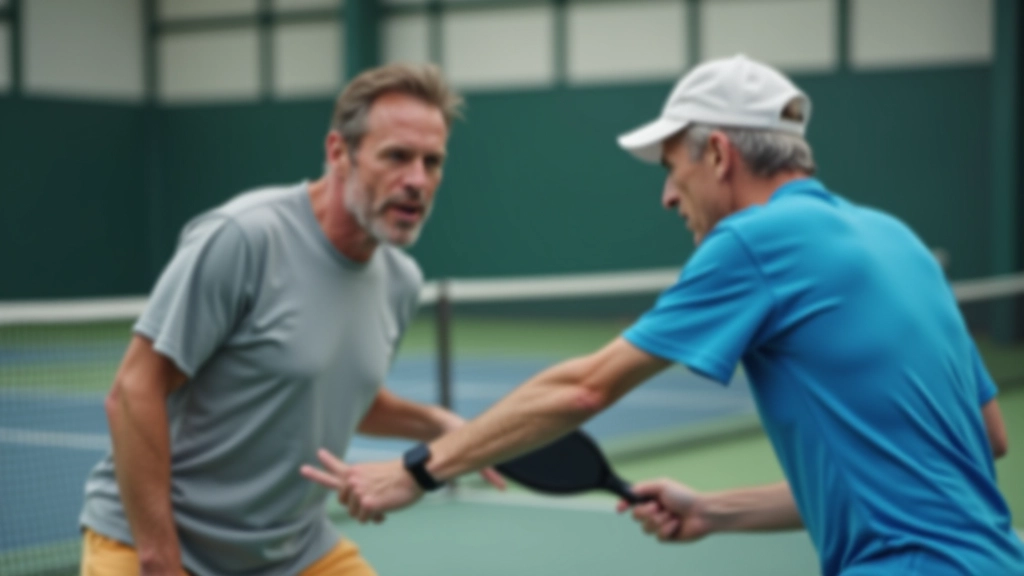 Beginner and experienced player practicing together on pickleball court, showing mentorship moment